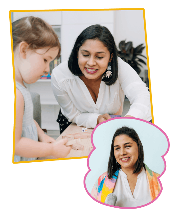 A woman and a child joyfully playing together with a colorful toy in a bright, cheerful setting.