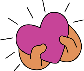 Two cartoon hands gently hold a pink heart against a black background. The heart, centered and prominent, conveys warmth and affection. Lines emanate from the hands, adding a sense of care and positivity.