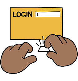 Two cartoon hands typing on a keyboard. A gold login box is above with a text field. The background is black, conveying a digital theme.