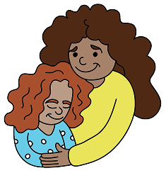 Illustration of a parent with curly hair hugging their child, who has similar hair. Both wear colorful clothing and smile warmly against a black background.