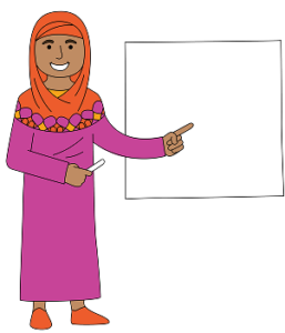 Smiling cartoon woman in an orange hijab and pink dress points at a blank whiteboard with a marker. She conveys confidence and approachability.