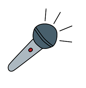 An illustration of a microphone with a gray handle and blue head, set against a black background. Light lines suggest sound or highlight action.