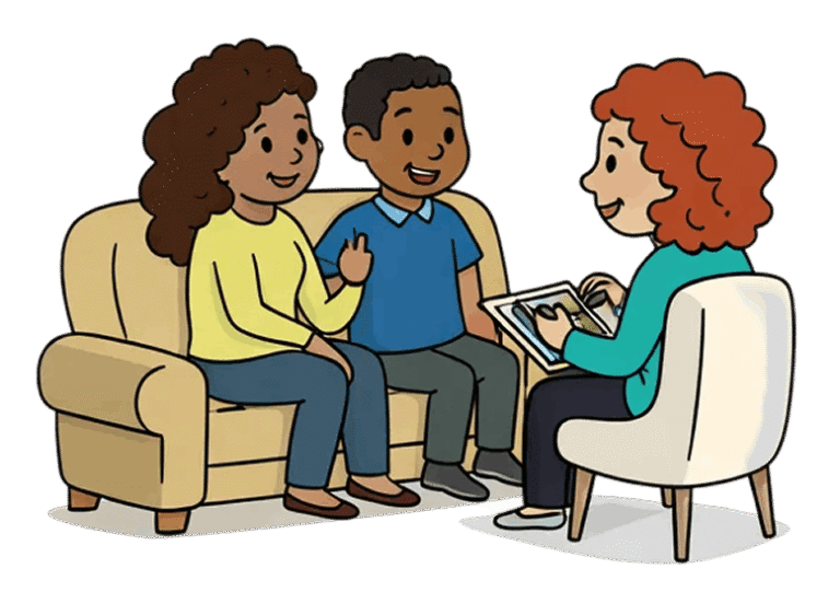 A cartoon illustration of a couple sitting on a couch, speaking with a therapist who is holding a tablet. The three individuals appear to be in a counseling session
