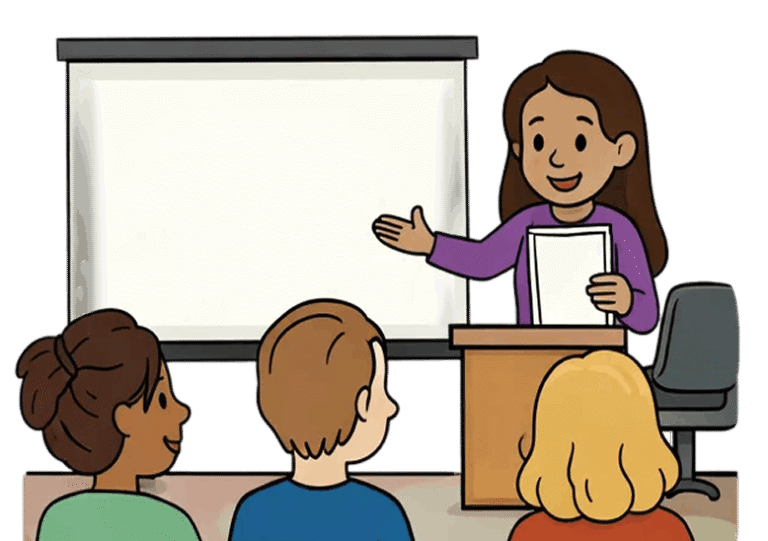 A diverse group of people are in a presentation setting. A woman stands at a podium, holding papers and gesturing towards a blank screen