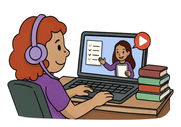 A person wearing headphones is looking at a laptop screen where a teacher is giving a lesson. On the desk, there is a stack of books