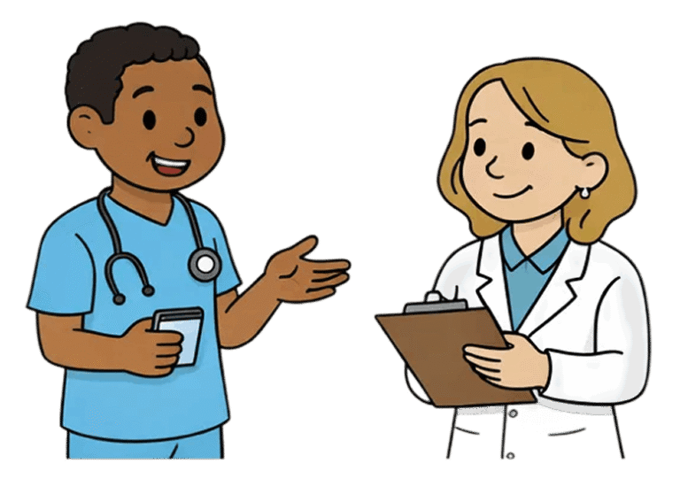 A male healthcare worker in blue scrubs with a stethoscope talks to a female doctor in a white coat holding a clipboard