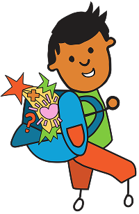 Childlike, cartoon character joyfully holding a blue backpack bursting with colorful symbols like a heart and question mark, against a black background.