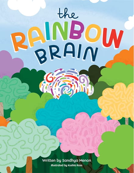 Colorful book cover titled "The Rainbow Brain," featuring a vibrant swirl brain amidst bright, abstract trees under a blue sky with clouds. Playful tone.