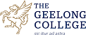 Logo for The Geelong College featuring a golden winged horse on the left and the college name in navy blue text on the right, with a Latin motto below