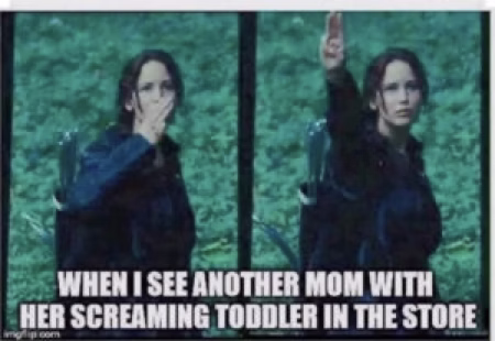 A split image meme showing a woman covering her mouth in shock and then holding her hand up in a salute. Text overlaid reads "WHEN I SEE ANOTHER MOM WITH HER SCREAMING TODDLER IN THE STORE."