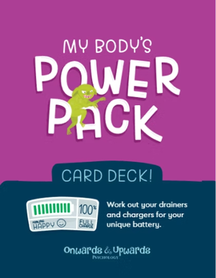 A colorful deck of cards titled "My Body's Power Pack," showcasing various health and wellness themes.