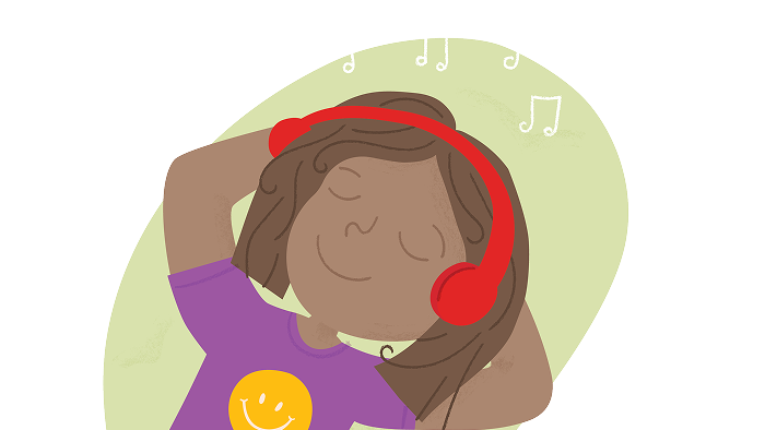 Illustration of a person with closed eyes wearing red headphones, with their hands behind their head and musical notes floating around them against a pale green background.
