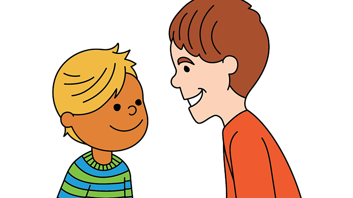 Two children looking at each other and smiling, one with blond hair wearing a striped shirt, the other with brown hair wearing an orange shirt.