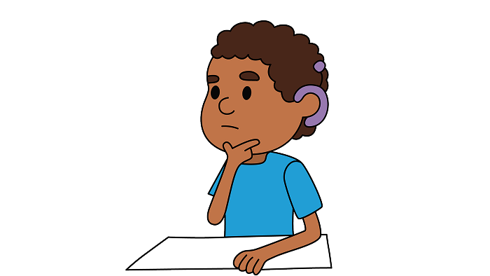 Cartoon illustration of a child with brown skin and curly hair, wearing a blue t-shirt and a purple hearing aid, with their chin resting on their hand in a thoughtful pose, in front of a white surface.