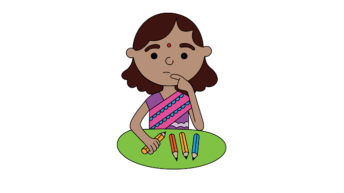 A cartoon child wearing a sari with a bindi on their forehead, sitting at a table with a green surface, thoughtfully touching their chin with one finger while looking at four colored pencils laid out before them.