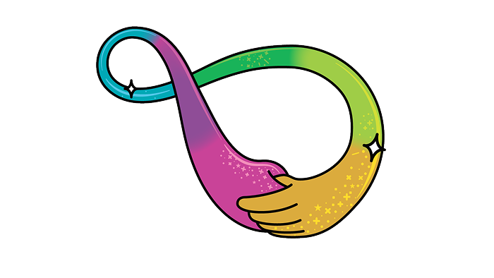 A rainbow-colored infinity symbol formed by two hands intertwined, with sparkles adorning the symbol.