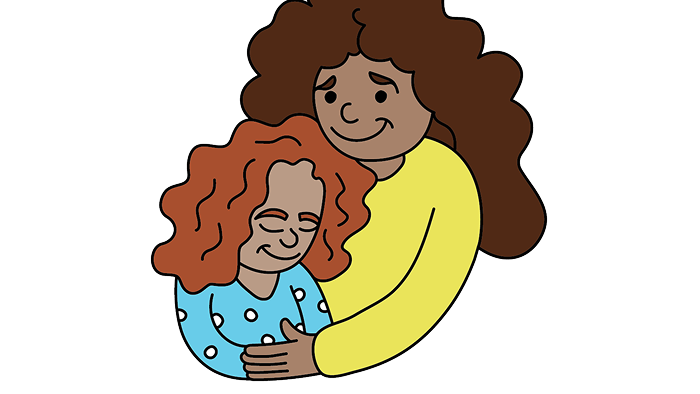 Illustration of a person with dark curly hair embracing a child with reddish curly hair, both smiling.