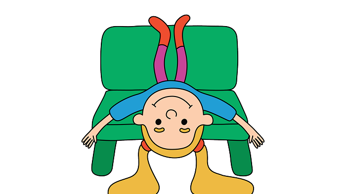 Illustration of a cartoon child hanging upside down over the edge of a green sofa.