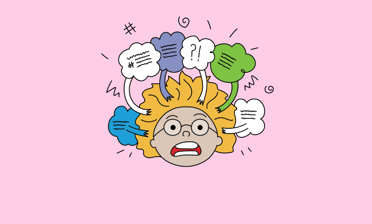 A shocked cartoon face with wide eyes and an open mouth, surrounded by colorful thought bubbles containing text and symbols, on a pink background.