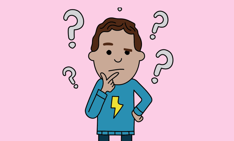 A cartoon illustration of a person with brown hair and a blue sweater with a yellow lightning bolt, standing with their chin resting on their hand and surrounded by question marks on a pink background, indicating contemplation or confusion.