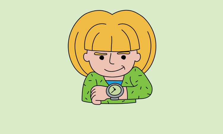 A cartoon person with blonde hair and bangs, wearing a green patterned cardigan over a blue shirt, checks a wristwatch on their left wrist.