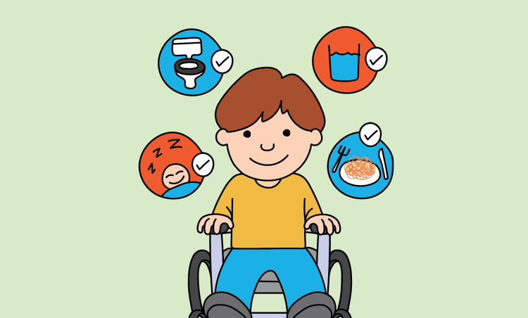 A smiling child in a wheelchair is surrounded by four icons representing basic needs: a toilet, a sleeping baby, a glass of water, and a plate of food, all with checkmarks.