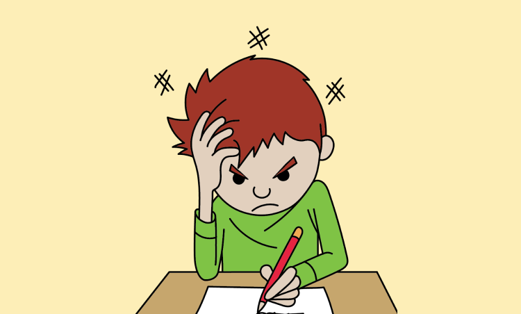 A cartoon illustration of a frustrated child with red hair and a green shirt, sitting at a desk with a piece of paper and a red pencil, holding their head in their hand.
