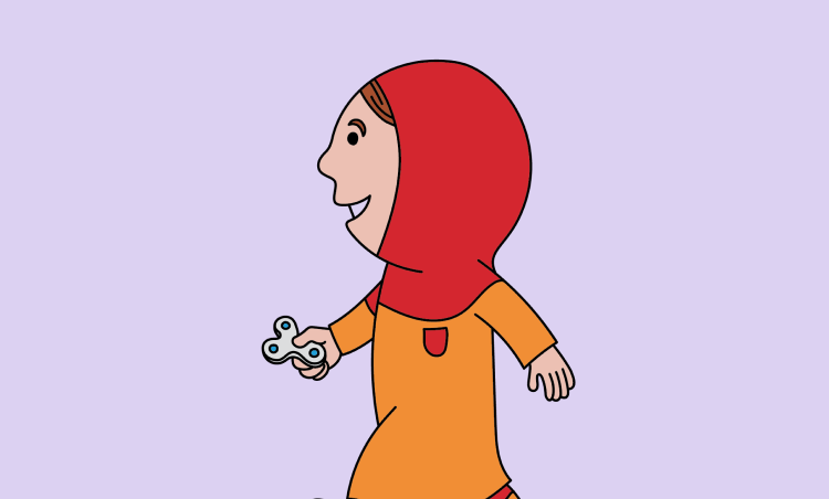 Cartoon of a child wearing a red hijab and an orange dress, walking while holding a fidget spinner.